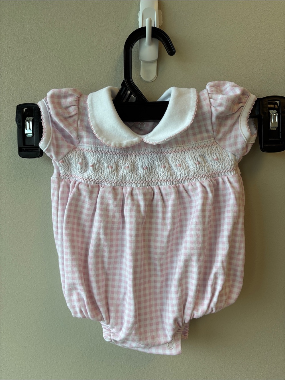 Magnolia Baby Pink Gingham Baby Bubble Romper with White Peter Pan Collar